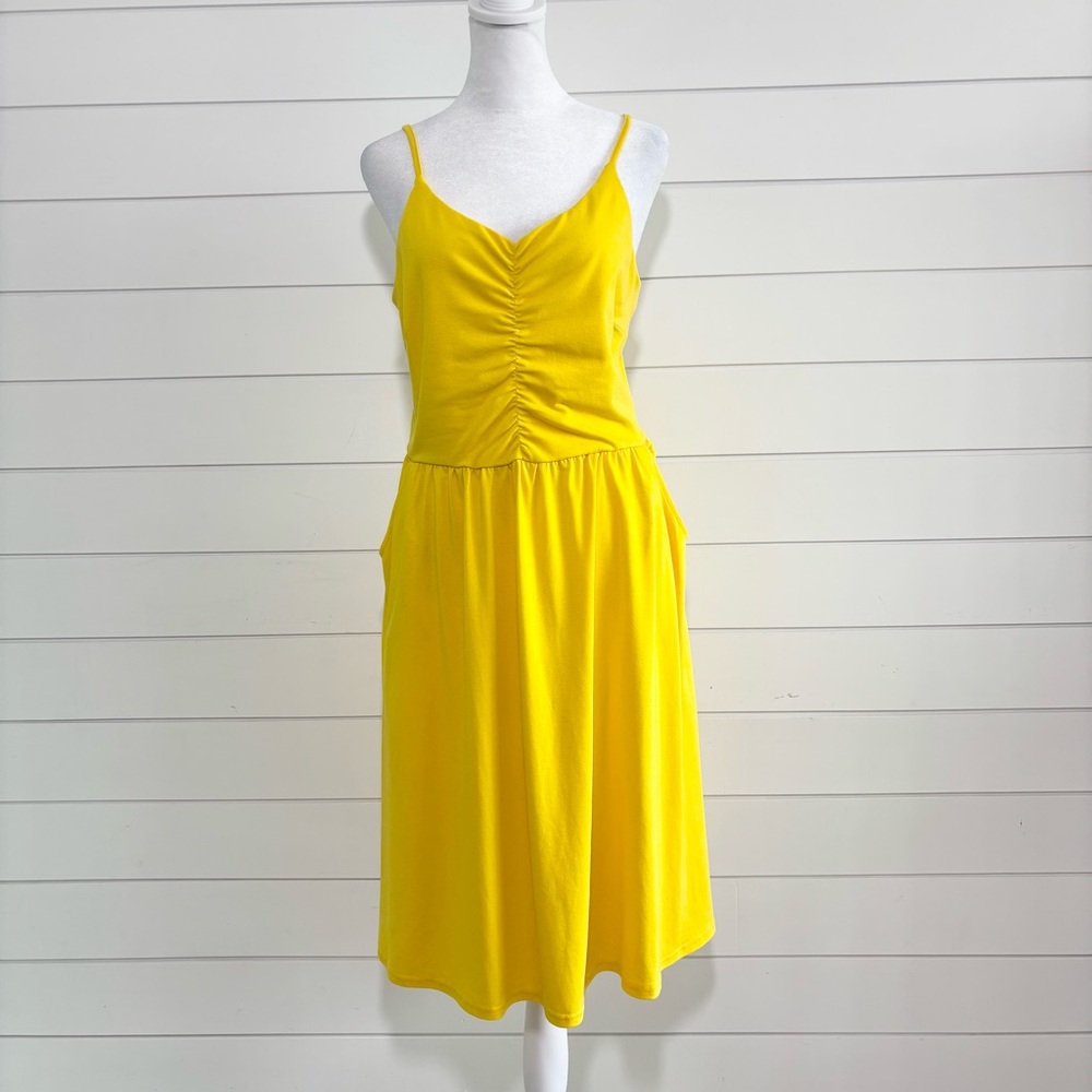 Yathon Yellow Ruched‎ Front Midi Sundress with Spaghetti Straps Size L
